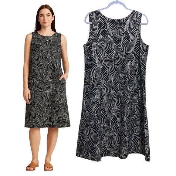 J. Jill Linen Cotton Shift Dress M Black White Leaf Print Sleeveless Pockets - Picture 11 of 11